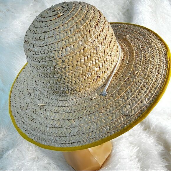 Women's Wide Brimmed Straw Hat Beach Summer Fun Yellow Trim - Picture 2 of 6